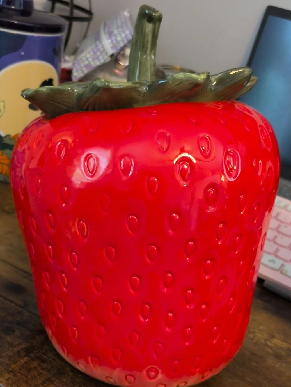 Red Strawberry Ceramic Cookie Jar with Green Lid Beautiful New